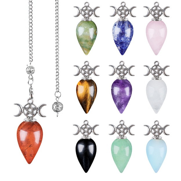 Natural Crystal Dowsing Pendulum Necklace, Triple Moon Teardrop Pendant with Chain, Water Drop Stone Pendulum for Meditation Yoga