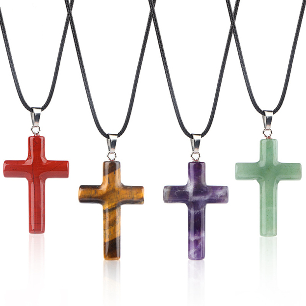 Natural Crystal Cross Pendant Necklace Spiritual Healing Pendant with Adjustable Cord for Meditation