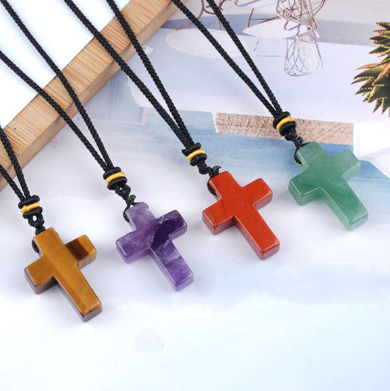 Natural Stone Cross Pendant Necklace, Horizontal Hole Cross Charm Jewelry, Adjustable Rope Necklace, Easter Gift Jewelry Accessory