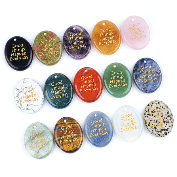 Natural Stone Oval Pendant with Inspirational Engraving Good Things Happen Everyday, Handheld Worry Stone Charm for Necklace DIY Craft