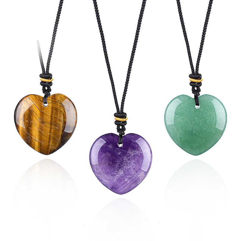 Natural Stone Heart Necklace Pendant, 30mm Crystal Heart Charm with Cord, DIY Jewelry Making or Gift Accessory