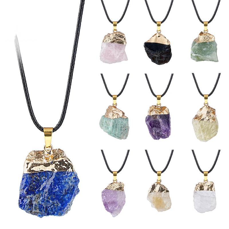 Natural Raw Stone Pendant Necklace Irregular Rough Stone Charm with Gold Tone Cap Adjustable Rope Necklace