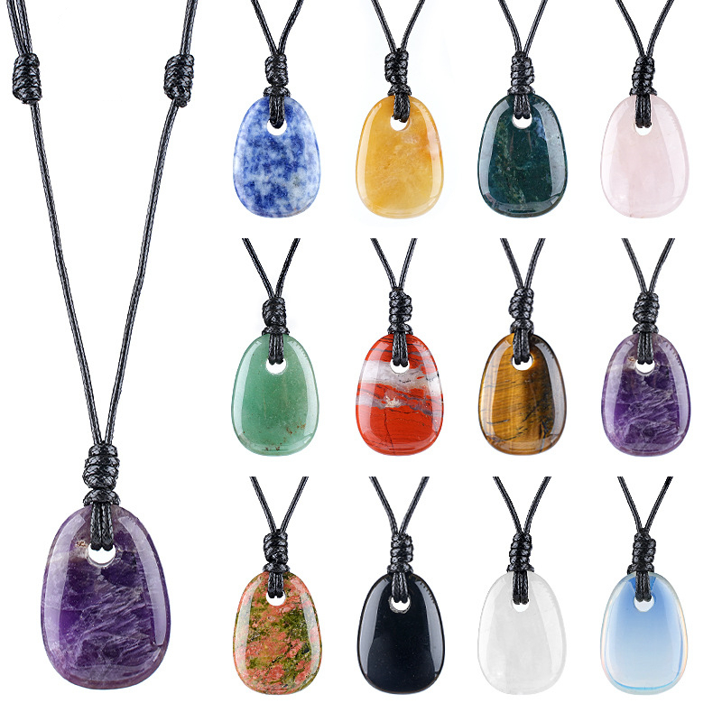 Natural Stone Trapezoid Pendant Necklace Adjustable Rope Large Hole Pendant Hand Carved Stone Necklace Charm