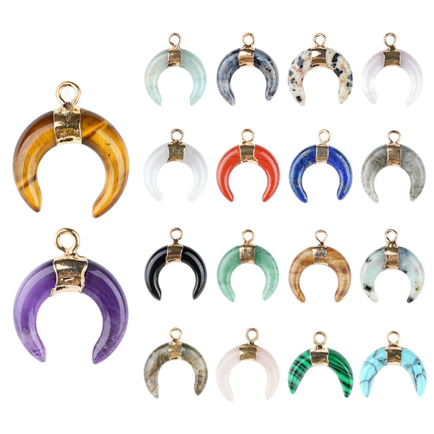 Natural Stone Crescent Moon Pendant Necklace Handcrafted with Adjustable Rope