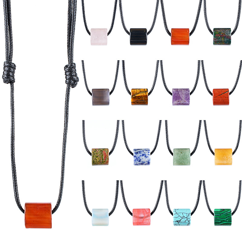 Natural Stone Cylinder Pendant Necklace Adjustable Rope
