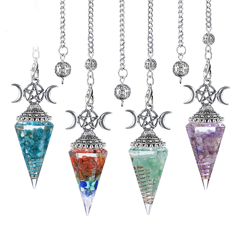 Natural Crystal Pendulum Pendant Vintage Triple Moon Divination Dowsing Pendulum Necklace Resin Chakra Meditation Jewelry