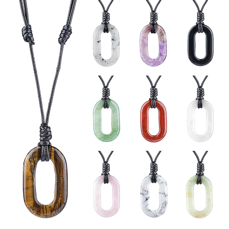 Natural Stone O Ring Necklace, Adjustable Oval Large Hole Pendant Necklace with Polished Crystal Loop Charm for Everyday Wear and Minimalist Styling