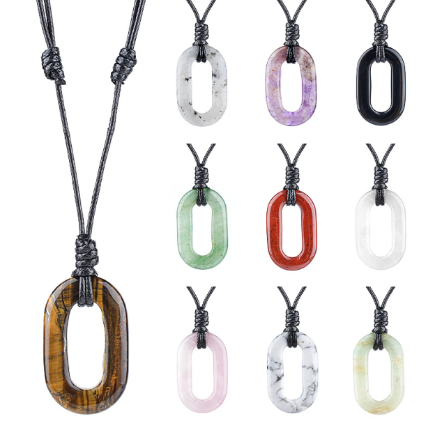 Natural Stone O Ring Necklace, Adjustable Oval Large Hole Pendant Necklace with Polished Crystal Loop Charm for Everyday Wear and Minimalist Styling