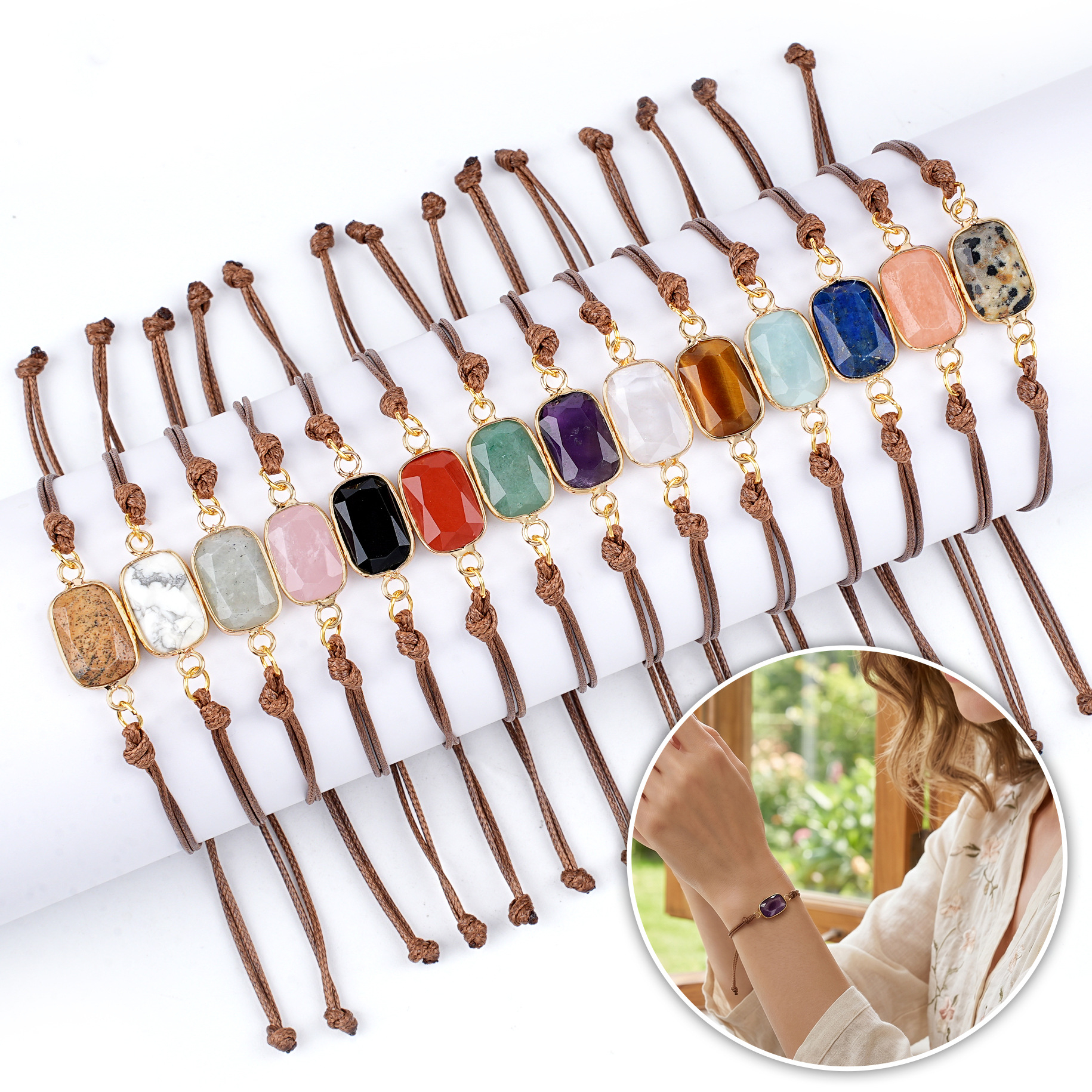 Natural Crystal Faceted Rectangle Bracelet, Adjustable Handwoven Cord for Daily Wear, DIY Jewelry, Personalized Gift