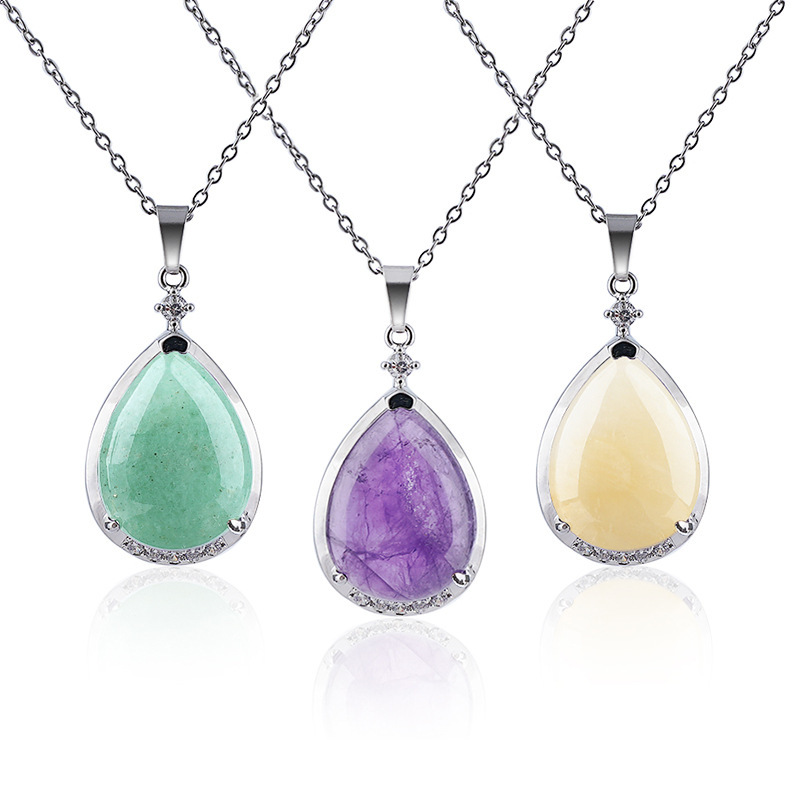 Natural Crystal Teardrop Pendant Necklace, Water Drop Gemstone Inlay Chain Necklace for Daily Wear or Gift