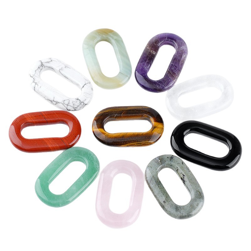 Natural Stone Oval O-Ring Pendant 25×40mm Large Hole Crystal & Jadeite Carved Loop Connector for DIY Necklace Jewelry Making