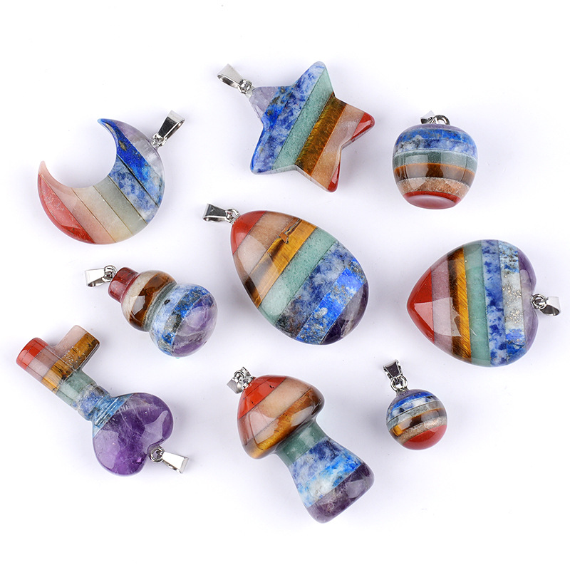 Seven Chakra Style Layered Gemstone Pendant Color Block Crystal Necklace Heart Moon Star Charm26022105