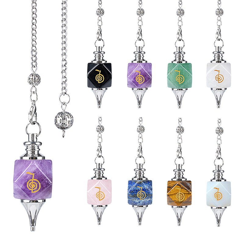 Geometric Crystal Pendulum Pendant with Rune Engraving - Adjustable Chain for Meditation and Yoga