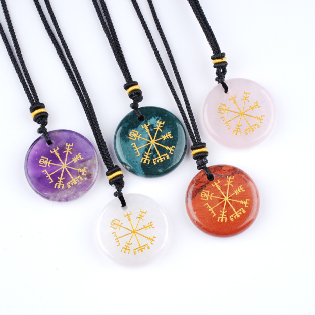 Viking Style Crystal Pendant Necklace Natural Agate Symbol with Round Shape