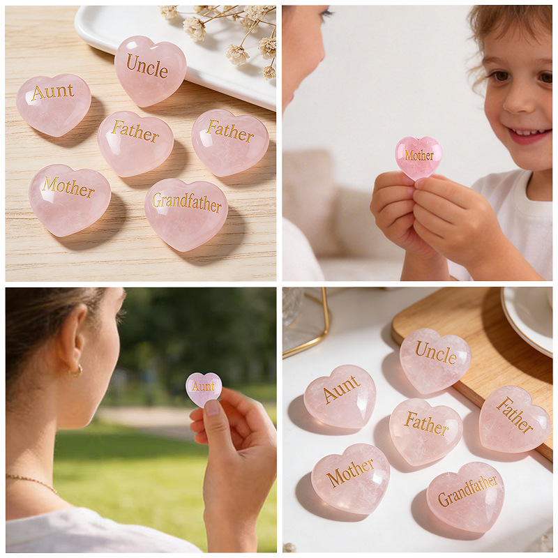 Natural Pink Stone Heart Keepsake with Family Words Engraving, Mother Father Aunt Grandmother Inspirational Gift Decoration