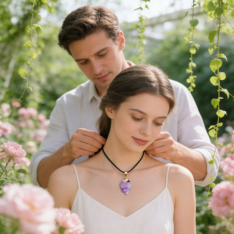 Natural Raw Stone Pendant Necklace Irregular Rough Stone Charm with Gold Tone Cap Adjustable Rope Necklace