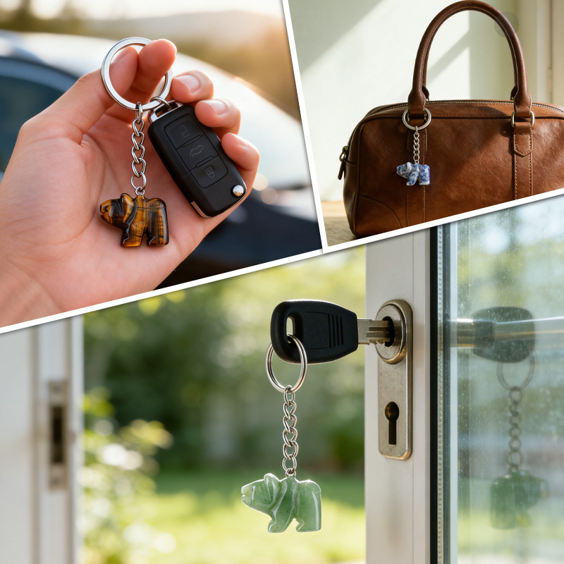 Natural Stone Polar Bear Keychain Animal Shape Hand Carved Bag Pendant Creative Cute Bear Key Ring Gift Accessory