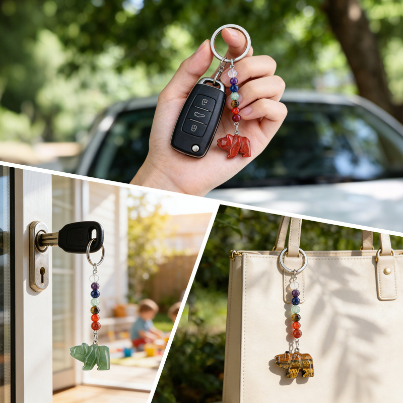 Natural Stone Polar Bear Keychain Color Bead Pendant Animal Bag Charm Carved Bear Keyring Creative Gift Accessory