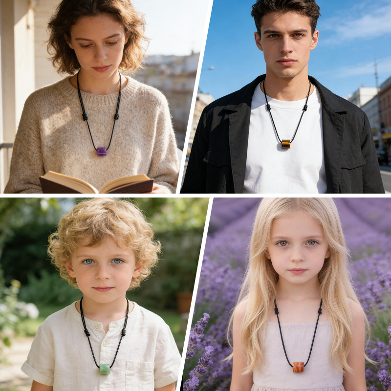 Natural Stone Cylinder Pendant Necklace Adjustable Braided Rope Large Hole Minimalist Vintage Style Everyday Fashion Accessory