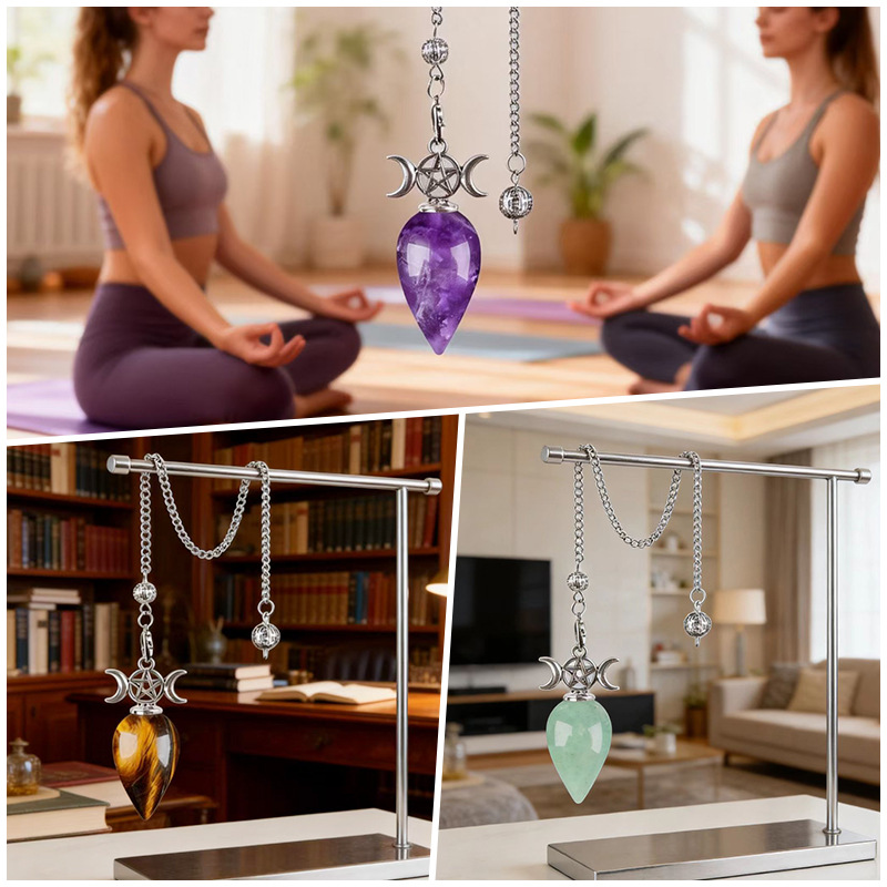 Natural Crystal Dowsing Pendulum Necklace, Triple Moon Teardrop Pendant with Chain, Water Drop Stone Pendulum for Meditation Yoga