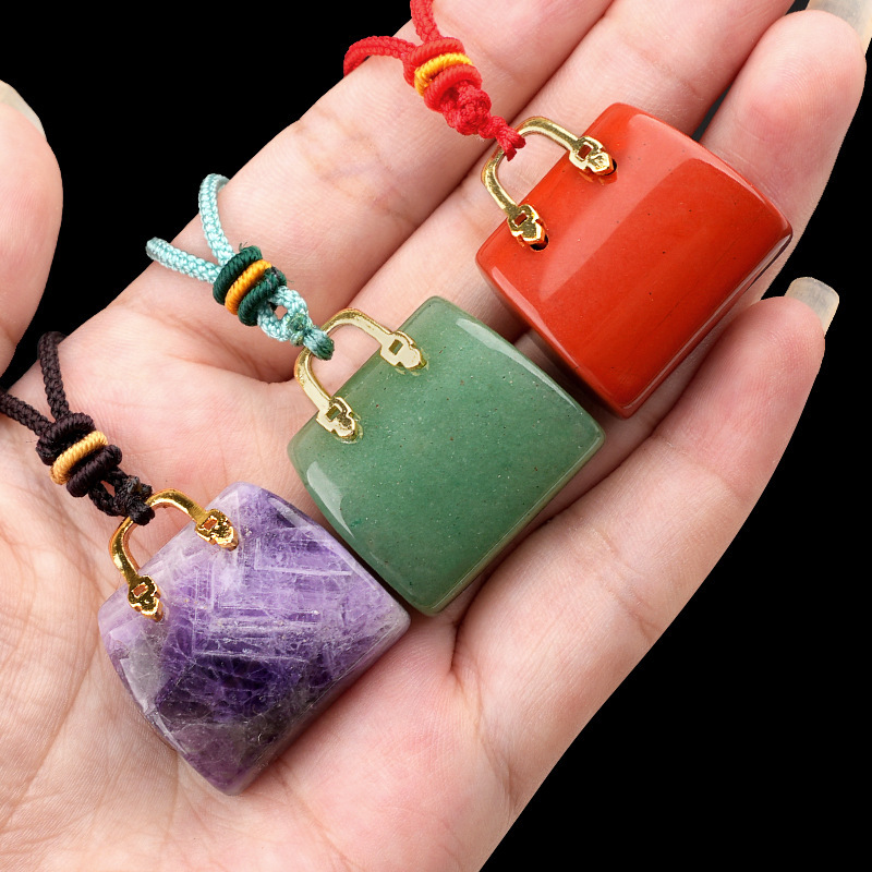 Natural Crystal Handbag Shape Pendant, Agate Stone Mini Bag Ornament Woven Rope Sweater Chain Accessory, Multi Material Decorative Pendant