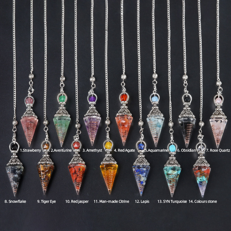Resin Crystal Chip Pendulum Necklace Silver Chain Hexagonal Cone Stone Dowsing Pendant Jewelry Accessory 20260210