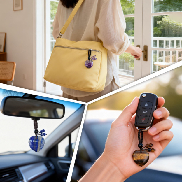 Natural Stone Heart Keychain Pendant, Handwoven Crystal Heart Bag Charm for Keys, DIY Jewelry, Gift Decoration or Wholesale Supply