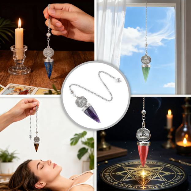 Natural Gemstone Pendulum Pendant Pointed Dowsing Tool Meditation Chain Adjustable Divination Crystal Charm26022101