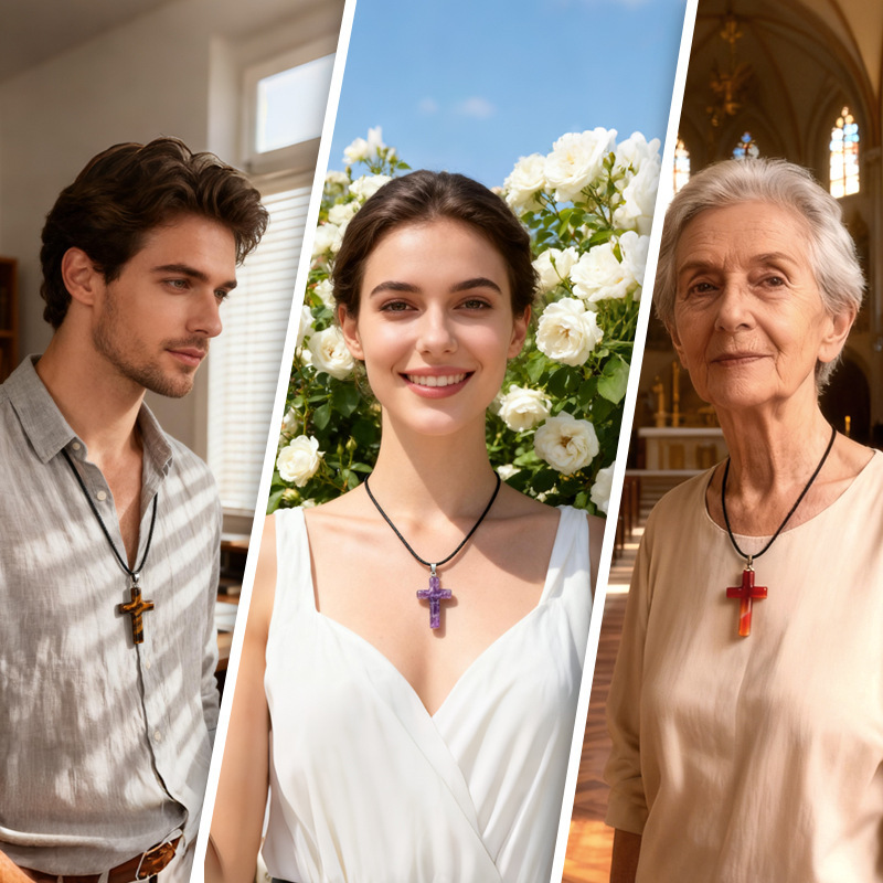 Natural Crystal Cross Pendant Necklace Spiritual Healing Pendant with Adjustable Cord for Meditation