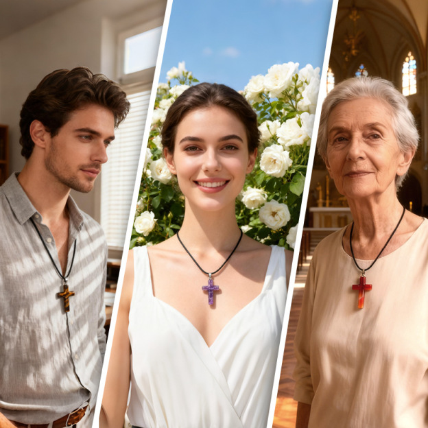 Natural Crystal Cross Pendant Necklace Spiritual Healing Pendant with Adjustable Cord for Meditation