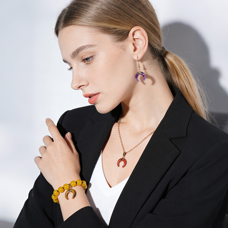 Natural Stone Crescent Moon Pendant Necklace Handcrafted with Adjustable Rope