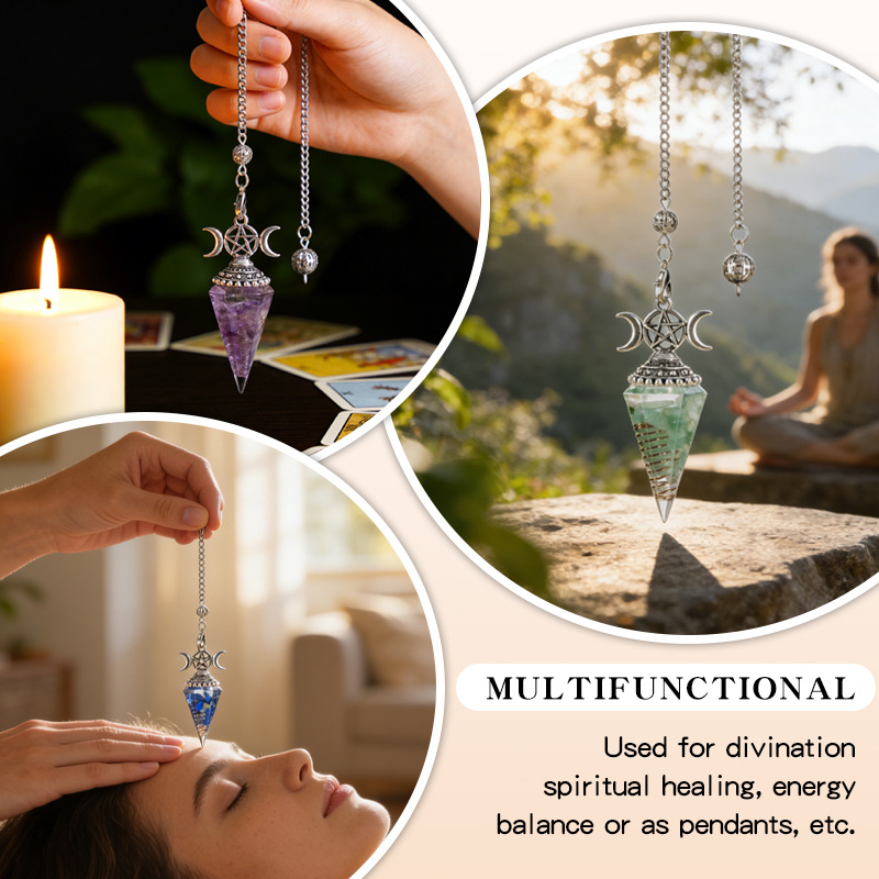 Natural Crystal Pendulum Pendant Vintage Triple Moon Divination Dowsing Pendulum Necklace Resin Chakra Meditation Jewelry