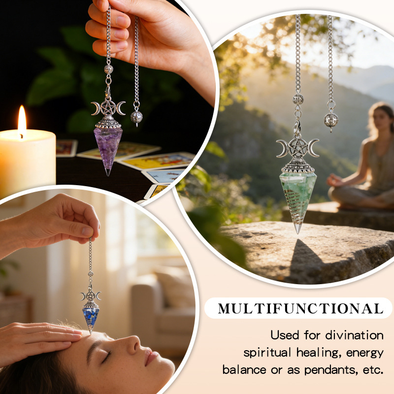 Natural Crystal Pendulum Pendant Vintage Triple Moon Divination Dowsing Pendulum Necklace Resin Chakra Meditation Jewelry