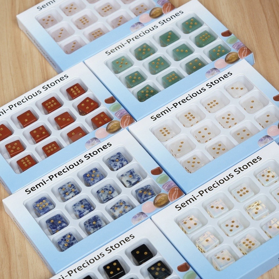 Semi-Precious Crystal Dice, Engraved Gemstone Dice Available as Single Pieces or Display Sets