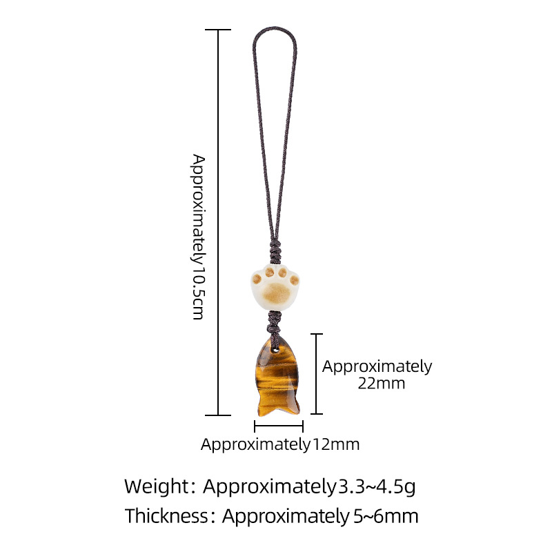 Natural Crystal Fish Charm with Paw Bead, Mini Gemstone Keychain & Phone Strap, Hand-Carved Stone Bag Charm Gift