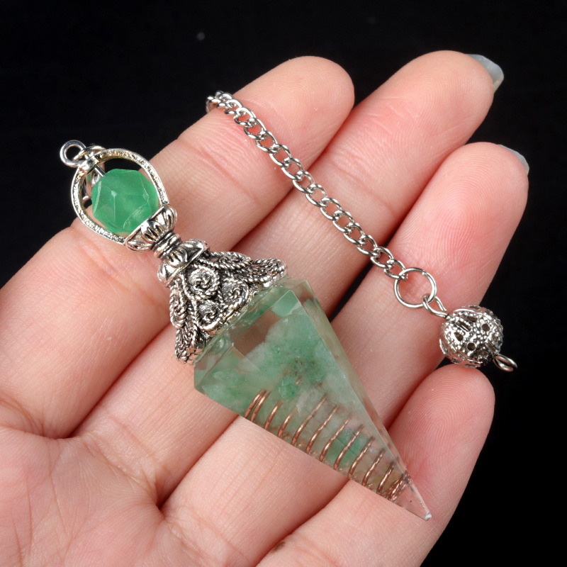 Resin Crystal Chip Pendulum Necklace Silver Chain Hexagonal Cone Stone Dowsing Pendant Jewelry Accessory 20260210