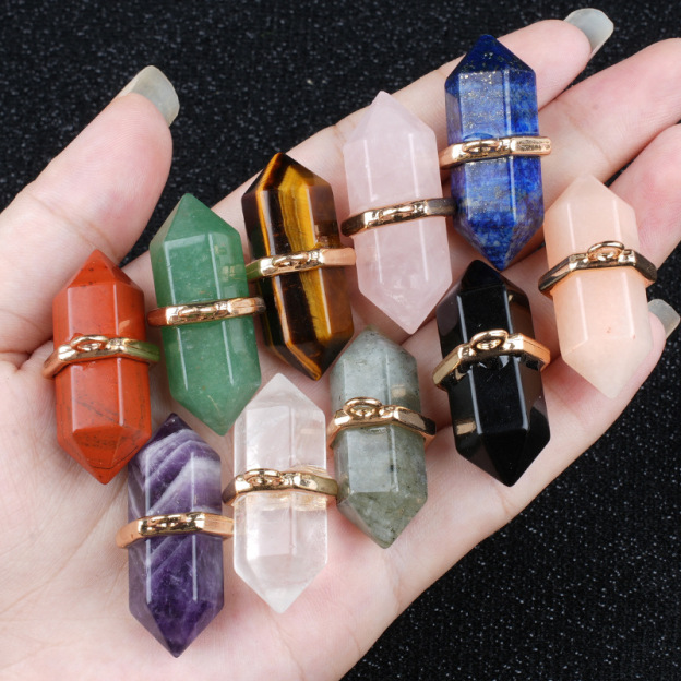 Natural Crystal Double Point Pendant Hexagonal Column Stone Charm 13×36mm DIY Necklace Jewelry Accessory