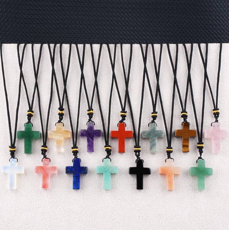 Natural Stone Cross Pendant Necklace, Horizontal Hole Cross Charm Jewelry, Adjustable Rope Necklace, Easter Gift Jewelry Accessory