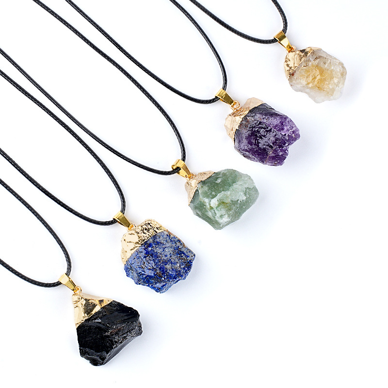 Natural Raw Stone Pendant Necklace Irregular Rough Stone Charm with Gold Tone Cap Adjustable Rope Necklace