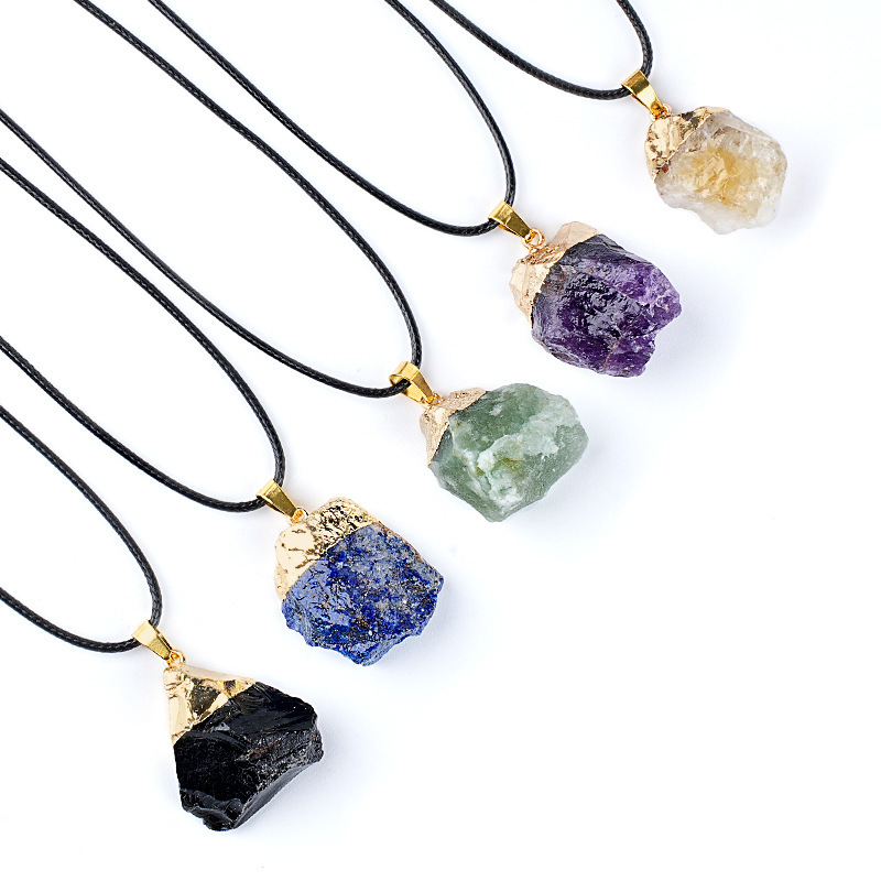 Natural Raw Stone Pendant Necklace Irregular Rough Stone Charm with Gold Tone Cap Adjustable Rope Necklace