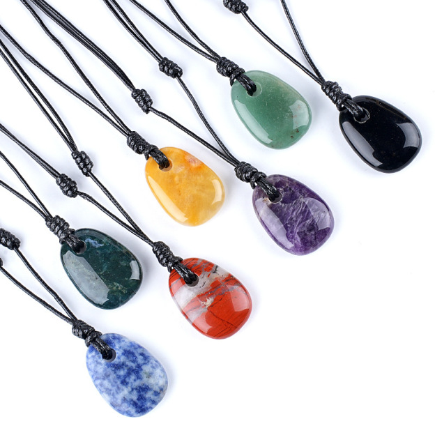 Natural Stone Trapezoid Pendant Necklace Adjustable Rope Large Hole Pendant Hand Carved Stone Necklace Charm