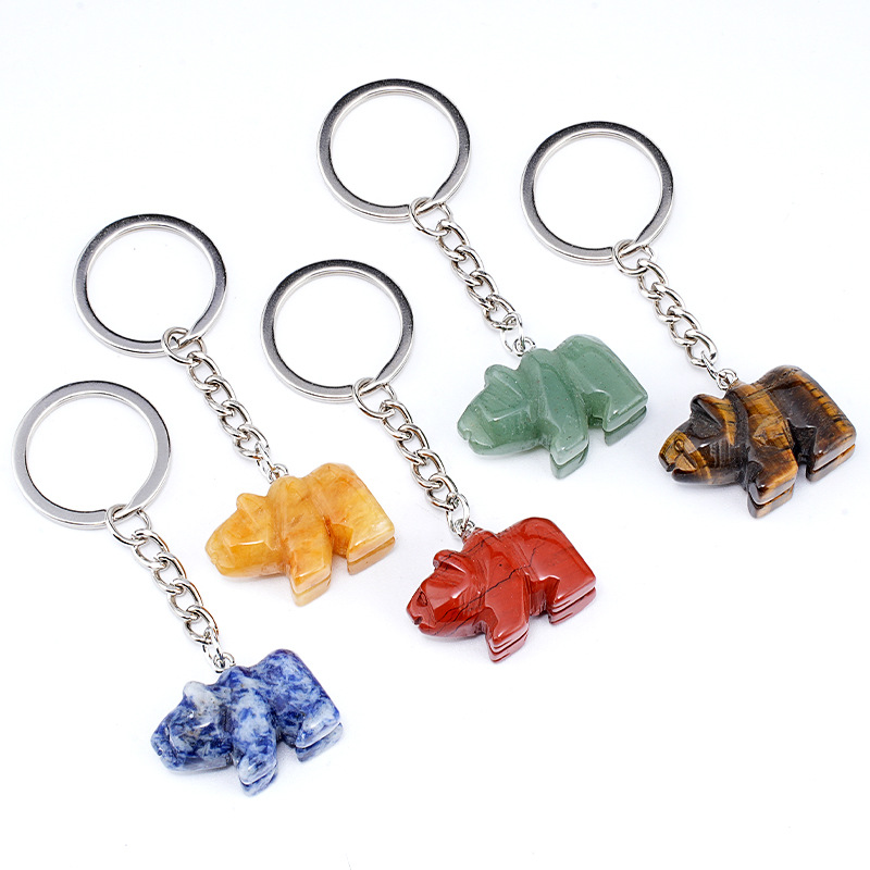 Natural Stone Polar Bear Keychain Animal Shape Hand Carved Bag Pendant Creative Cute Bear Key Ring Gift Accessory