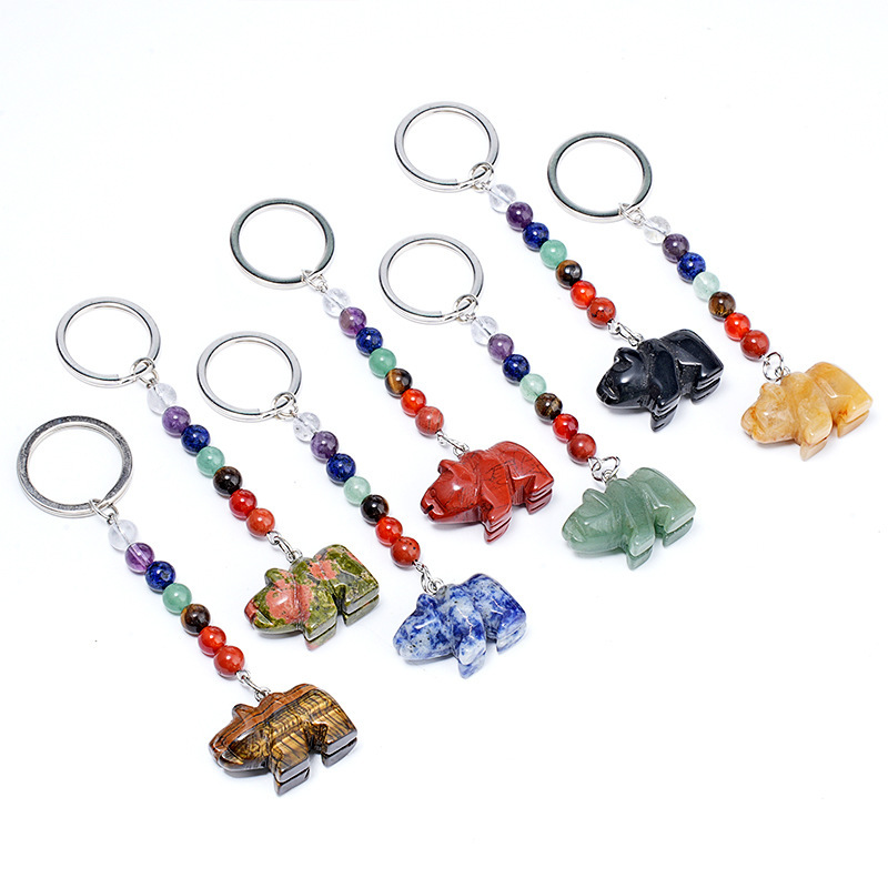 Natural Stone Polar Bear Keychain Color Bead Animal Charm