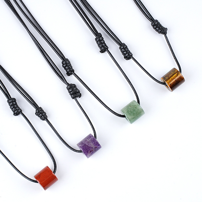 Natural Stone Cylinder Pendant Necklace Adjustable Braided Rope Large Hole Minimalist Vintage Style Everyday Fashion Accessory