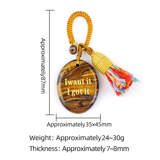 Natural Crystal Engraved Palm Stone Keychain, Oval Agate Worry Stone Bag Charm with Tassel for Car Hanging Decor, Mindful Gift and Everyday Accessory