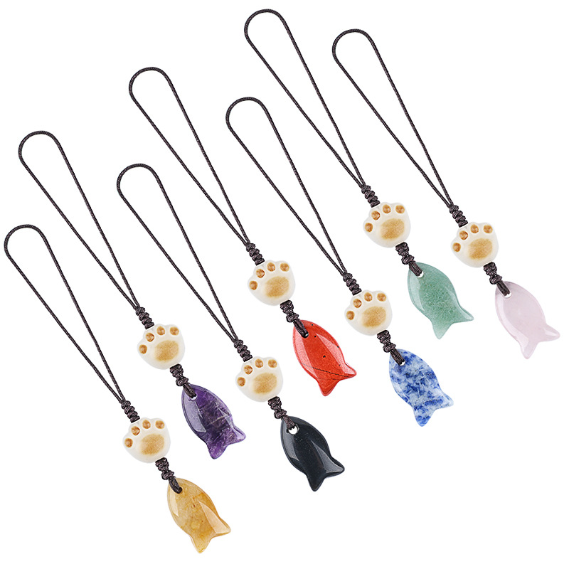 Natural Crystal Fish Charm with Paw Bead, Mini Gemstone Keychain & Phone Strap, Hand-Carved Stone Bag Charm Gift