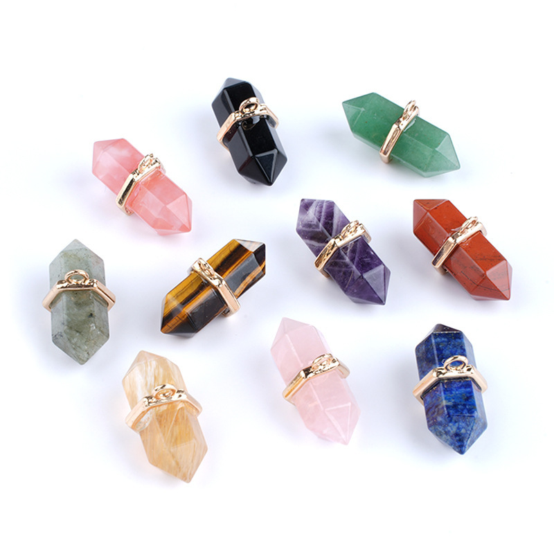 Natural Crystal Double Point Pendant Hexagonal Column Stone Charm 13×36mm DIY Necklace Jewelry Accessory