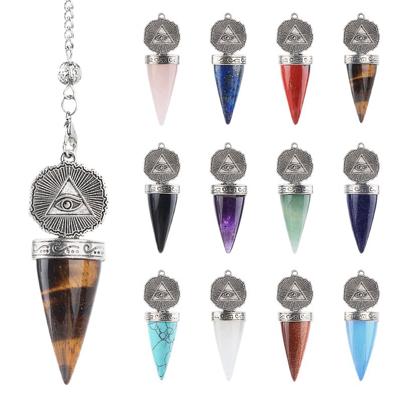 Natural Gemstone Pendulum Pendant Pointed Dowsing Tool Meditation Chain Adjustable Divination Crystal Charm26022101