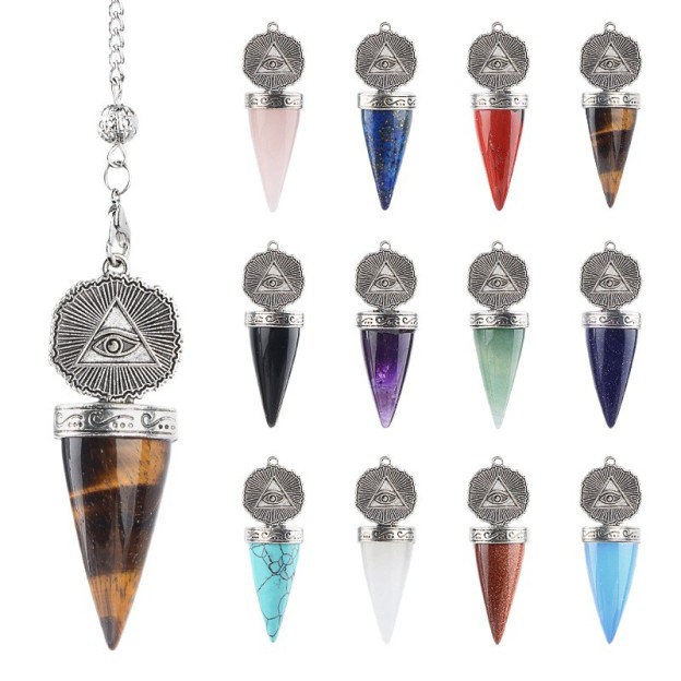 Natural Gemstone Pendulum Pendant Pointed Dowsing Tool Meditation Chain Adjustable Divination Crystal Charm26022101