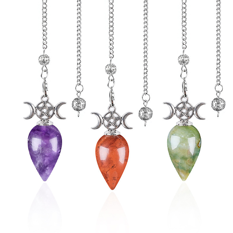 Natural Crystal Dowsing Pendulum Necklace, Triple Moon Teardrop Pendant with Chain, Water Drop Stone Pendulum for Meditation Yoga